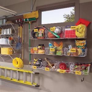 basket storage on a garage wall